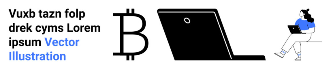 Bitcoin symbol, laptop, and woman working on laptop. Ideal for cryptocurrency, technology, finance, remote work, digital economy, modern lifestyle, and online transactions. Landing page