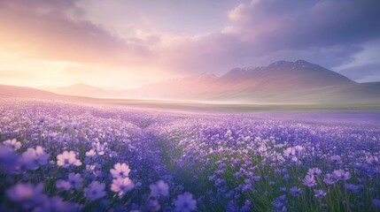 Obraz premium Serene sunrise over a vast purple flower field and majestic mountains.