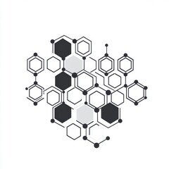Abstract black and white molecular structure design, showcasing interconnected hexagons and circles.