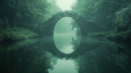 Mystical stone arch bridge over calm water, shrouded in morning mist, reflecting perfectly in the still water, surrounded by lush green trees.