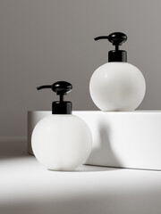 Obraz premium Pump bottle mockup, round shape dispenser bottle display standing on background, frosted plastic liquids packaging, elegant lotion container, cosmetic dispenser, translucent orbit bottle