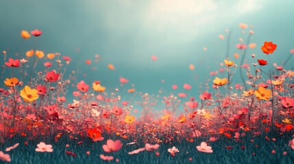 Obraz premium Stunning field of vibrant red poppy flowers blooming in a lush green meadow with a scenic nature landscape in the background Peaceful