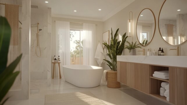 Luxurious modern bathroom with freestanding tub, double vanity, and natural light.