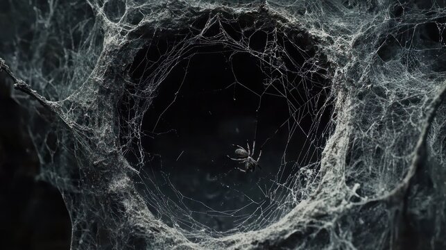 Close-up of a spider in its dusty, intricate web.