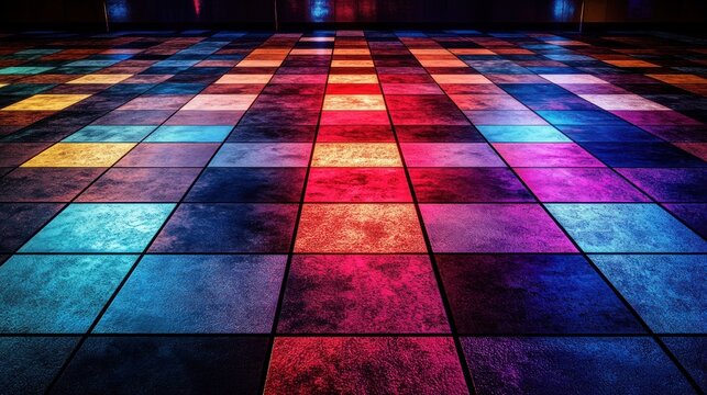 Colorful, textured dance floor tiles illuminated with vibrant neon lights.