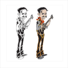 Vector illustration of a cartoon man playing guitar while wearing a cowboy costume.