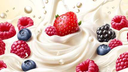 Yogurt drink or milk wave splash, cream swirl with berries and mint leaves, realistic vector dairy food. Isolated 3d white spill with fresh strawberry, raspberry, blueberry and blackberry fruits