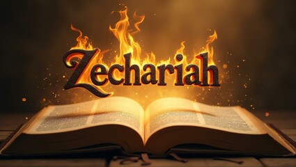 The name zechariah floats gracefully a couple of inches above the open pages of an ancient Bible, as though it is levitating in mid-air