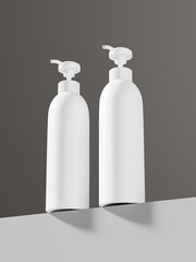 Slim Pump bottles mockup, cylindrical lotion dispenser bottles, low ankle view of elegant plastic body wash packaging, lotion container, liquids dispenser, liquid soap and hair product bottle mockup