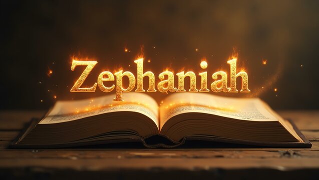The name zephaniah floats gracefully a couple of inches above the open pages of an ancient Bible, as though it is levitating in mid-air