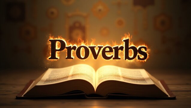 The name proverbs floats gracefully a couple of inches above the open pages of an ancient Bible, as though it is levitating in mid-air