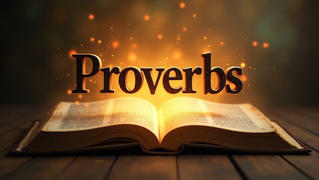 The name proverbs floats gracefully a couple of inches above the open pages of an ancient Bible, as though it is levitating in mid-air