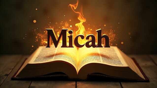 The name micah floats gracefully a couple of inches above the open pages of an ancient Bible, as though it is levitating in mid-air
