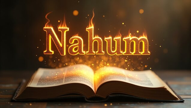 The name nahum floats gracefully a couple of inches above the open pages of an ancient Bible, as though it is levitating in mid-air