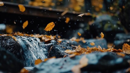 Falling autumn leaves on cascading stream, shallow depth of field.