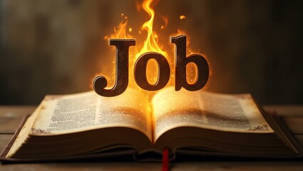 The name job floats gracefully a couple of inches above the open pages of an ancient Bible, as though it is levitating in mid-air