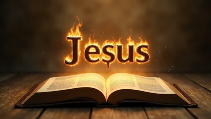 The name Jesus floats gracefully a couple of inches above the open pages of an ancient Bible, as though it is levitating in mid-air
