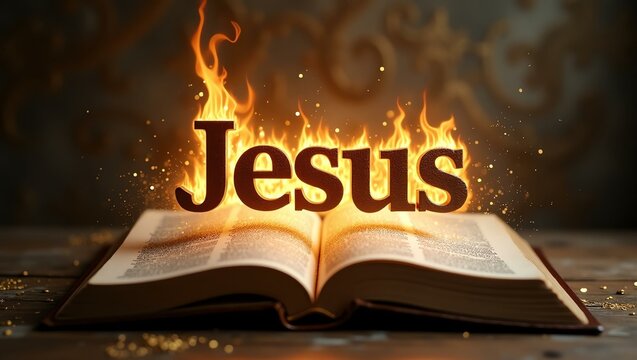 The name Jesus floats gracefully a couple of inches above the open pages of an ancient Bible, as though it is levitating in mid-air