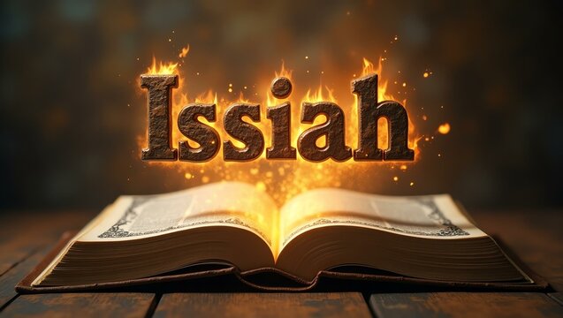 The name isaiah floats gracefully a couple of inches above the open pages of an ancient Bible, as though it is levitating in mid-air