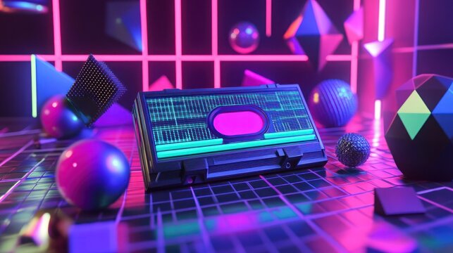 Retro VHS cassette tape in vibrant neon 80s synthwave scene with geometric shapes and glowing grid.