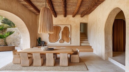 Light-filled dining area with arched doorways, wooden table, and neutral decor.
