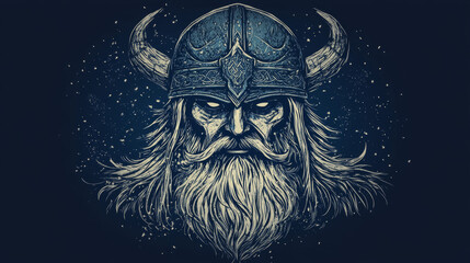 Viking warrior, Scandinavian t-shirt print. Vector medieval scandinavian knight man with beard in horn helmet, Norse or Nordic viking warrior sign, vintage ancient history symbol