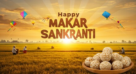 Beautiful depiction of Makar Sankranti in a golden rural field with colorful kites and traditional sesame sweets, celebrating the harvest season. Ideal for cultural and festive design