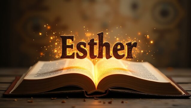 The name esther floats gracefully a couple of inches above the open pages of an ancient Bible, as though it is levitating in mid-air