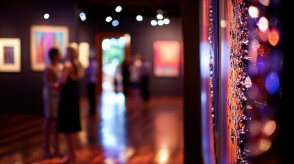 Art gallery opening night, showcasing abstract art with blurred background of people.
