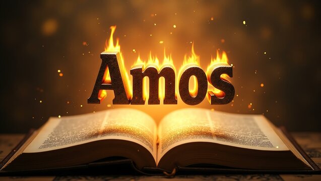 The name amos floats gracefully a couple of inches above the open pages of an ancient Bible, as though it is levitating in mid-air