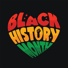 Black History Month creative concept on a heart shape with a fist hand icon to celebrate African American Black power love. Logotype label, sticker for banner, poster, greeting card and print.