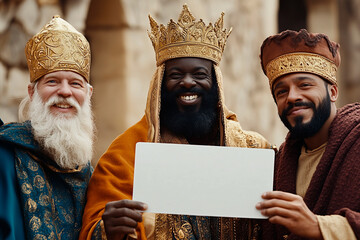 Reyes magos de oriente sujetando un cartel en blanco