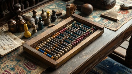 A historic abacus displayed with traditional tools on an antique table.