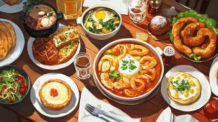 Croatian cuisine national food vector banners and posters, Croatia authentic restaurant menu. Croatian soup with young greens, kabachsky in seaside manner and polpety, sugar donut and krempita pastry