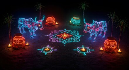 Modern neon light design of harvest festival featuring glowing clay pots, sugarcane, and stylized bulls creating a vibrant and futuristic festive ambiance