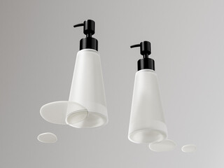 Pump bottles mockup, cylindrical dispenser bottles in low ankle view, frosted plastic cosmetic packaging, translucent plastic lotion container, liquid product container, frosted glass packaging