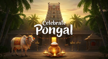 Pongal festival celebration with a temple, decorated cow, and glowing Pongal pot, creating a warm and spiritual festive celebration setting