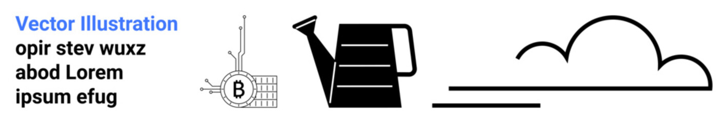 Black watering can, circuitry plant, and cloud on white. Ideal for gardening, technology, sustainability, farming, environmental, nature, and DIY themes. Clean design Landing page