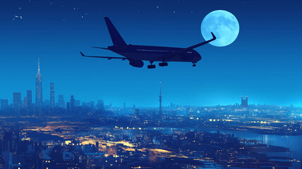 月の照らす夜の都会を飛ぶ飛行機のイラスト素材,旅行,仕事,出張,夜景,挿絵,