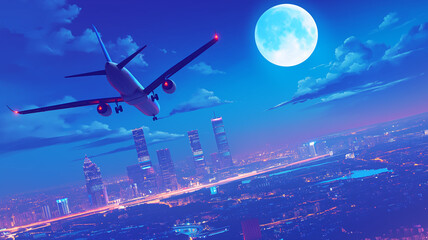 月の照らす夜の都会を飛ぶ飛行機のイラスト素材,旅行,仕事,出張,夜景,挿絵,