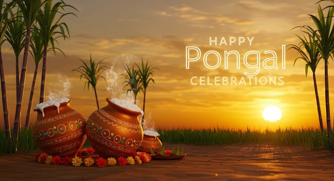 Beautiful Pongal illustration depicting a serene sunset, pots of milk, sugarcane, and fields, representing thanksgiving and harvest theme