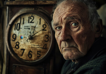An elderly man gazes thoughtfully with piercing eyes, positioned beside an antique clock. The warm light of dusk highlights his weathered features, evoking a sense of nostalgia.