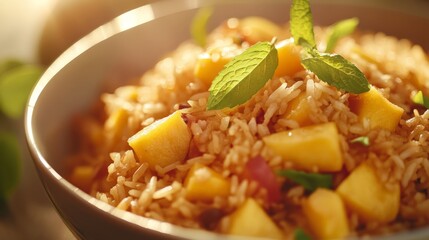Tropical Fried Rice with Mango and Fresh Mint Garnish