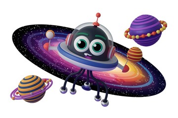 3D Cartoon Spaceship with Expressive Face in Cosmic Scene.