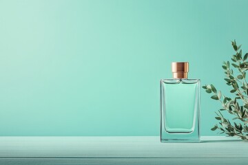Stylish glass perfume bottle on a mint green background with fresh greenery accenting the composition