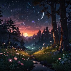 Fototapeta premium Magical Moonlit Forest Path with Glowing Fireflies V3