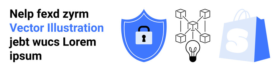 Shield with lock, network of cubes, lightbulb, and shopping bag. Ideal for cybersecurity, online shopping, blockchain technology, innovation, and data protection. Vector illustration on a landing