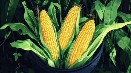 A vibrant illustration of three golden corn cobs surrounded by green leaves, set in a black pot, showcasing freshness and harvest.