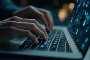 Close-up of Hands Typing on a Laptop with Icons Representing Digital Tools.

