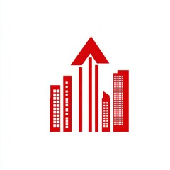 Abstract illustration of rising city skyline with red upward arrow symbolizing growth.